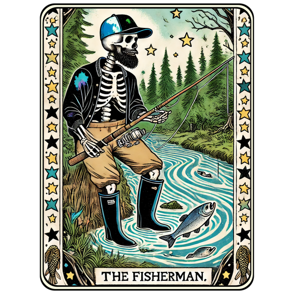 A whimsical illustration of a skeleton fisherman in a fishing scene, complete with boots and a fishing rod. dtf transfers