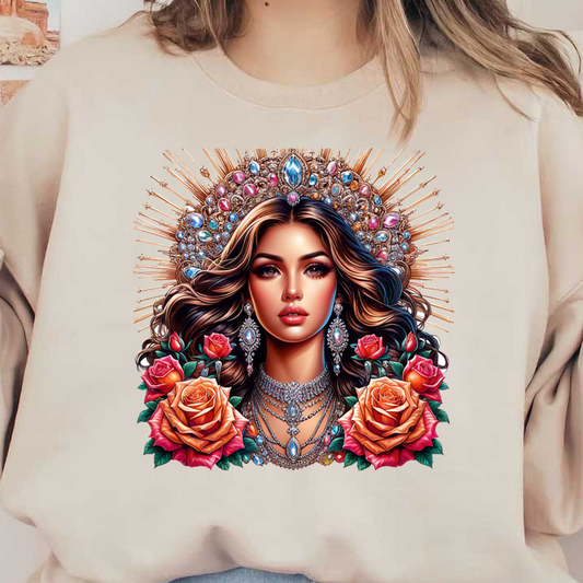 Una impresionante ilustración de una mujer adornada con intrincadas joyas y rosas, irradiando belleza y elegancia con un fondo dorado.