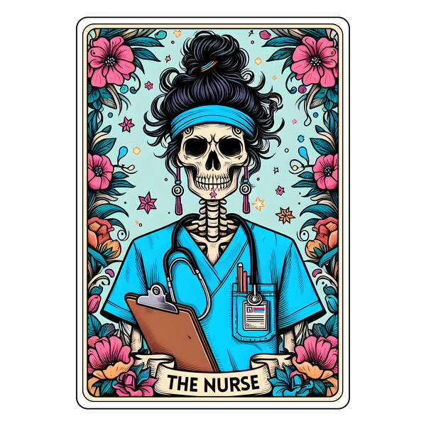 Una ilustración vibrante de una enfermera esqueleto con uniforme médico, adornada con flores y un estetoscopio, que celebra la atención médica con un toque caprichoso.