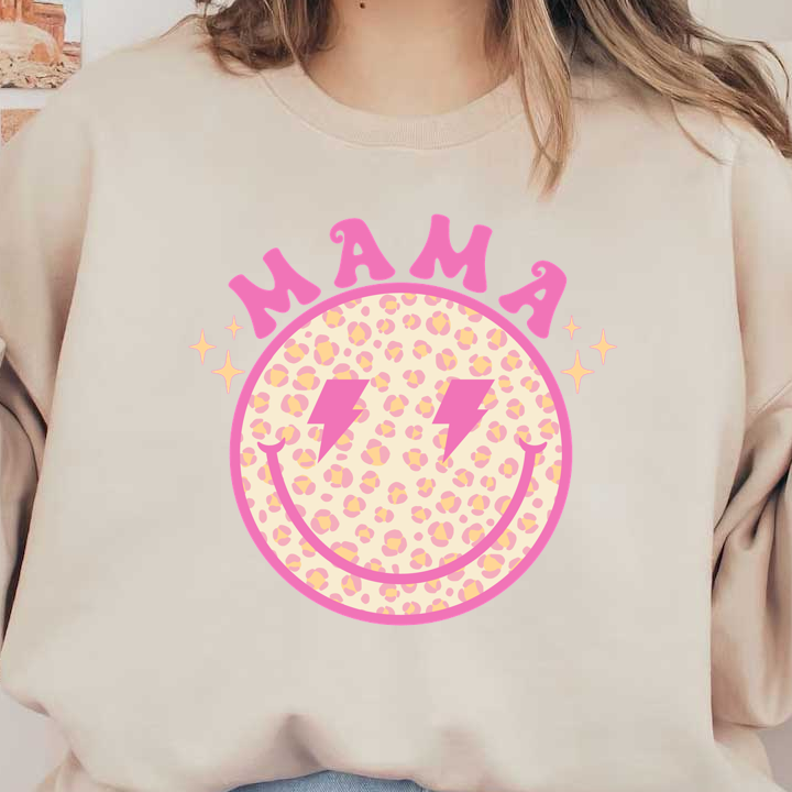 A vibrant smiley graphic featuring leopard print and lightning bolts, topped with the playful word "MAMA" in pink.dtf regular iron