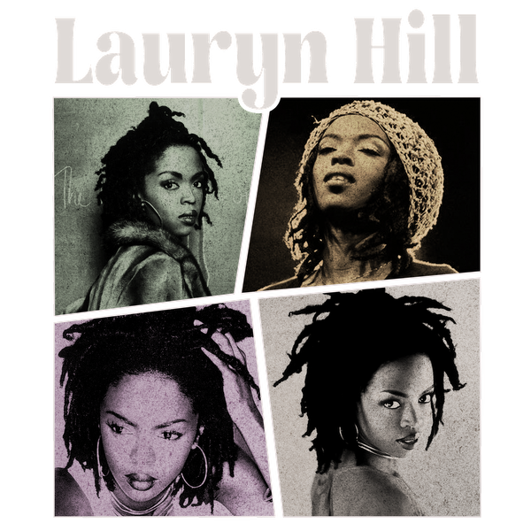 Un elegante collage de Lauryn Hill que muestra sus icónicas rastas y diversos looks a lo largo de su carrera. Transferencias DTF