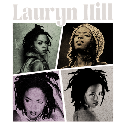 Un elegante collage de Lauryn Hill que muestra sus icónicas rastas y diversos looks a lo largo de su carrera. Transferencias DTF