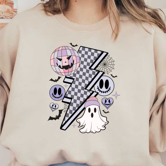 Una ilustración divertida y espeluznante que presenta un fantasma, un rayo estampado y elementos con temática de Halloween, como calabazas sonrientes y corazones.