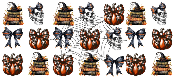 A festive collection featuring skulls, pumpkins with bows, and stacked books, perfect for Halloween-themed designs.UV Transfersdtf regular iron