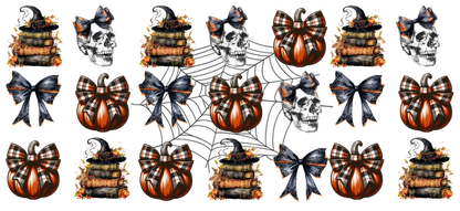 A festive collection featuring skulls, pumpkins with bows, and stacked books, perfect for Halloween-themed designs.UV Transfersdtf regular iron