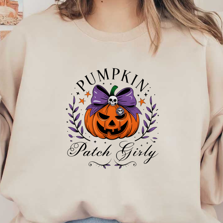 A vibrant Halloween design featuring a smiling pumpkin adorned with a purple bow and skull, perfect for festive vibes!dtf regular iron