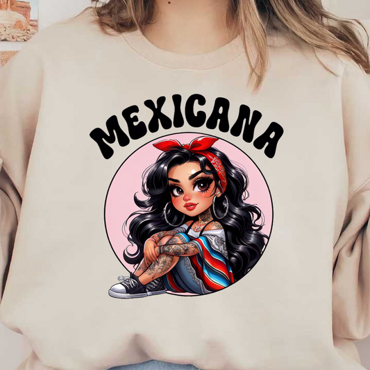 Una ilustración vibrante de una elegante chica mexicana con cabello largo, tatuajes y un pañuelo rojo, celebrando la cultura latina.