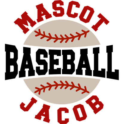 A playful baseball-themed design featuring the words "MASCOT" and "JACOB" in bold red around a baseball stitch graphic.DTF Transfers heat press transfers