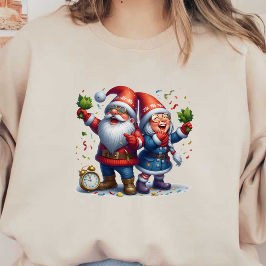 Cheerful cartoon Santa and Mrs. Claus celebrate with holly and confetti, wearing festive hats and surrounded by a whimsical atmosphere. dtf prints