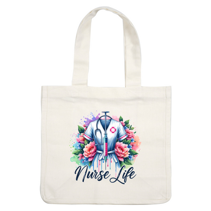 A vibrant design featuring a nurse's scrubs with a stethoscope and syringe, surrounded by colorful flowers, celebrating "Nurse Life."DTF Transfers