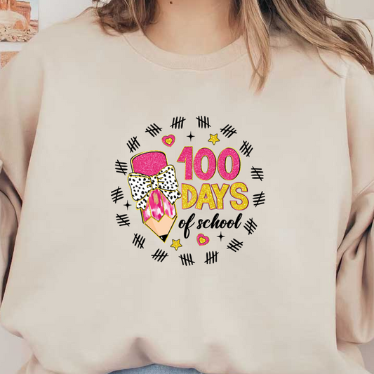 Celebrate the milestone with this fun and vibrant "100 Days" design featuring a pencil adorned with a stylish bow and sparkles!DTF Transfers