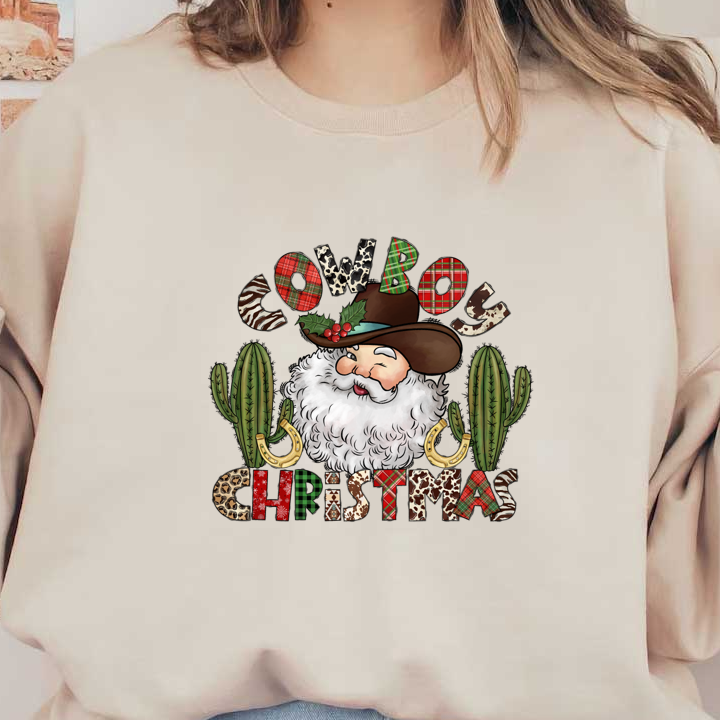 Celebrate the holidays with this whimsical "Cowboy Christmas" design featuring a jolly Santa, cacti, and festive lettering!DTF Transfers dtf prints