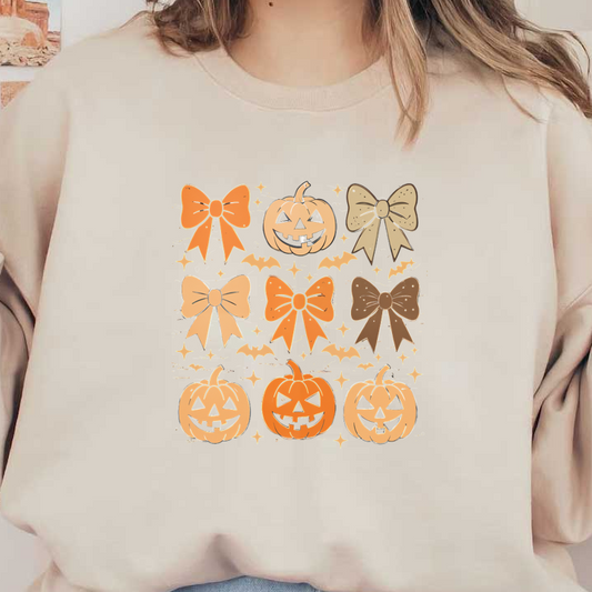 Un divertido collage con temática de Halloween que presenta alegres calabazas y lazos festivos en cálidos colores otoñales, perfecto para decoraciones de temporada.