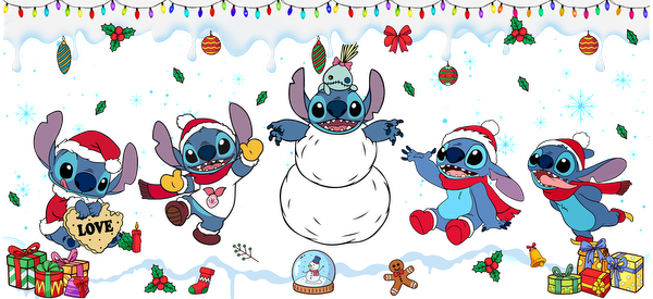 A cheerful scene featuring Stitch and friends celebrating the holidays, surrounded by gifts, decorations, and a snowy snowman.UV Transfers dtf transfers