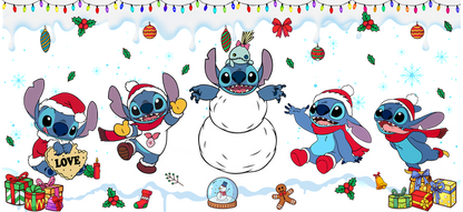 A cheerful scene featuring Stitch and friends celebrating the holidays, surrounded by gifts, decorations, and a snowy snowman.UV Transfers dtf transfers