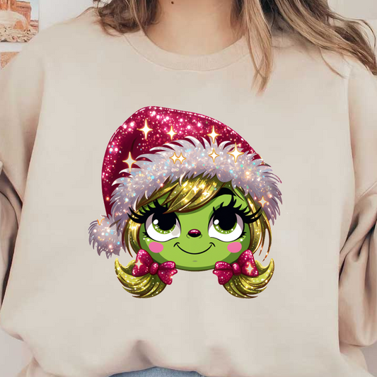 Meet this adorable green character wearing a sparkly holiday hat and festive bows, radiating cheerful holiday vibes!DTF Transfers dtf prints