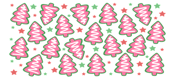 A cheerful pattern featuring pink Christmas trees and colorful stars, perfect for adding a festive touch to any design!UV Transfers heat press transfers