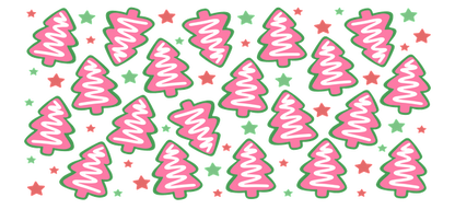 A cheerful pattern featuring pink Christmas trees and colorful stars, perfect for adding a festive touch to any design!UV Transfers heat press transfers