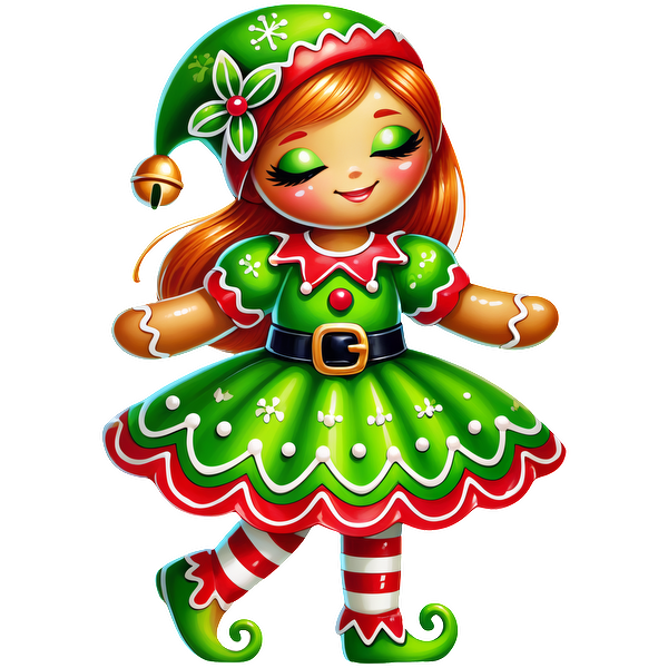 A cheerful Christmas elf doll in a vibrant green dress with red accents, complete with a festive hat and striped stockings.DTF Transfers heat press transfers