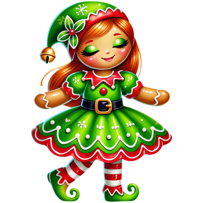 A cheerful Christmas elf doll in a vibrant green dress with red accents, complete with a festive hat and striped stockings.DTF Transfers heat press transfers