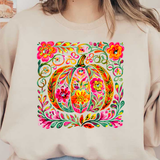 A vibrant, floral-patterned pumpkin surrounded by colorful leaves and flowers.DTF Transfers