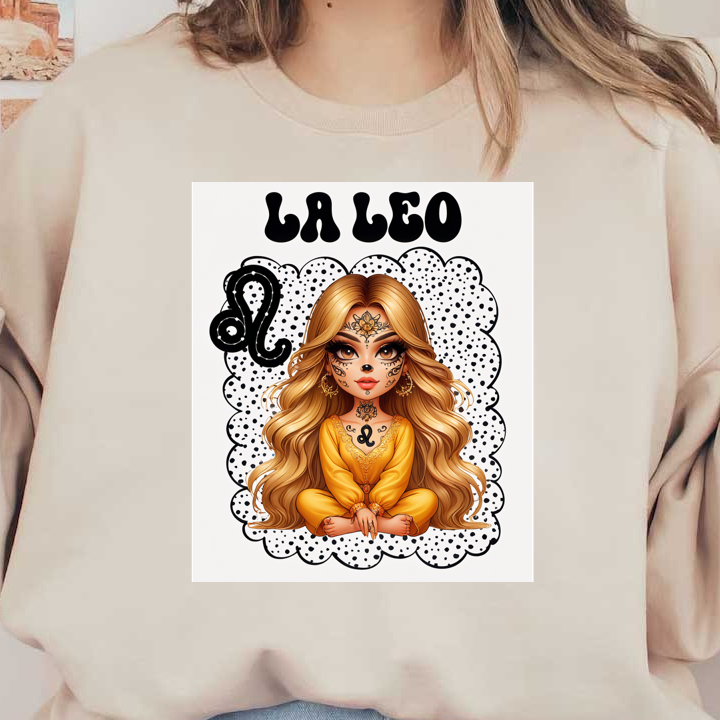 Una elegante ilustración de un hermoso personaje con temática de Leo, con intrincados diseños faciales, vistiendo un vibrante atuendo amarillo y luciendo un cabello largo y suelto.