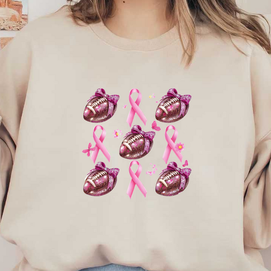 Celebrate strength with this vibrant arrangement of pink footballs adorned with bows and ribbons, symbolizing awareness and support.DTF Transfers dtf prints