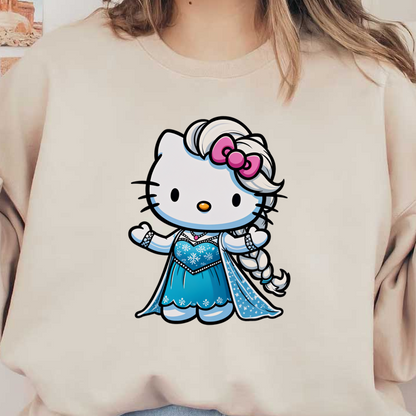 This adorable character combines Hello Kitty and Elsa, featuring a sparkly blue dress, braid, and a signature pink bow.DTF Transfers