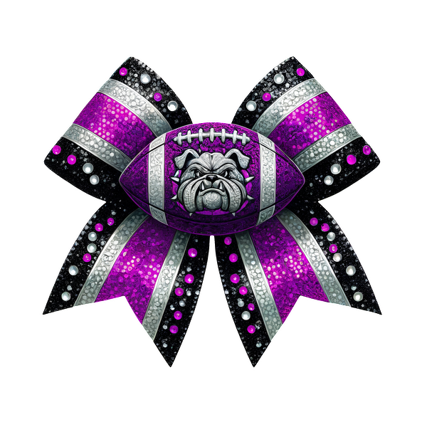 A vibrant, purple bow featuring a football and a bulldog design, adorned with sparkling jewels for a fun sports flair.DTF Transfersdtf regular iron