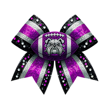 A vibrant, purple bow featuring a football and a bulldog design, adorned with sparkling jewels for a fun sports flair.DTF Transfersdtf regular iron