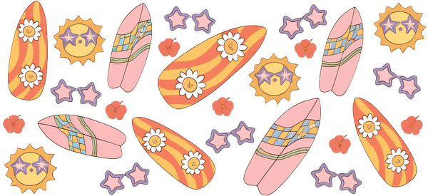 A vibrant, playful pattern featuring colorful surfboards, smiling suns, and whimsical flowers, perfect for a beachy vibe!UV Transfers dtf transfers