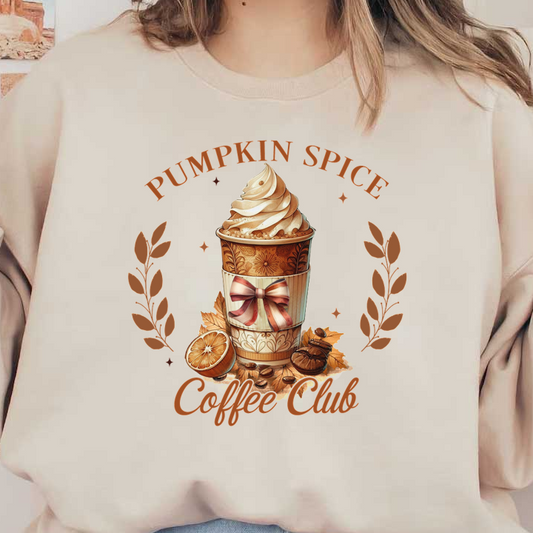 A delightful Pumpkin Spice coffee cup topped with whipped cream, adorned with a ribbon, surrounded by autumn leaves and coffee beans. heat press transfers