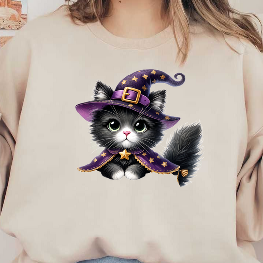 ¡Este adorable gato blanco y negro con un extravagante sombrero de bruja morado y una capa estrellada está listo para la diversión de Halloween!