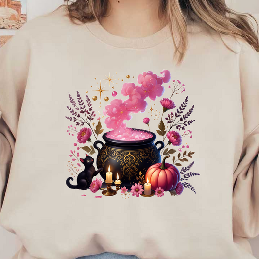 Un caldero negro mágico emite una niebla rosada, rodeado de flores, una calabaza, velas y un gato negro juguetón.