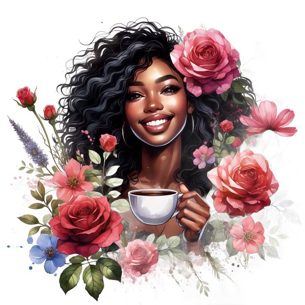 A joyful woman with curly hair holds a white coffee cup surrounded by vibrant flowers, radiating warmth and positivity.dtf regular iron