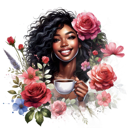 A joyful woman with curly hair holds a white coffee cup surrounded by vibrant flowers, radiating warmth and positivity.dtf regular iron