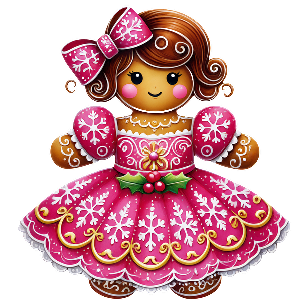 This charming gingerbread girl wears a festive pink dress adorned with snowflakes and a cute matching bow.DTF Transfers