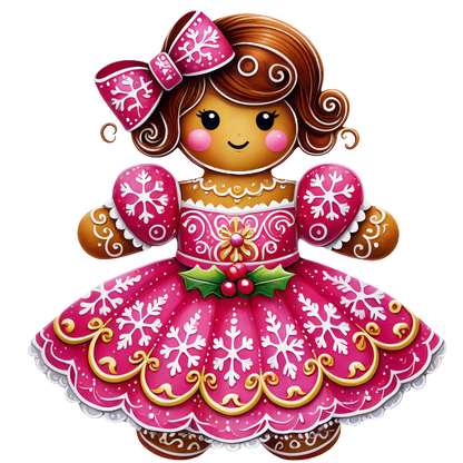 This charming gingerbread girl wears a festive pink dress adorned with snowflakes and a cute matching bow.DTF Transfers