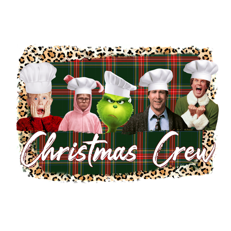 A festive design featuring characters in chef hats on a plaid background, celebrating the holiday spirit as the "Christmas Crew."DTF Transfers dtf transfers dtf prints