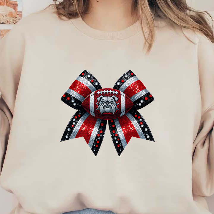 A vibrant, decorative bow featuring a football design with a bulldog and sparkling gems in red, black, and silver.DTF Transfers dtf prints