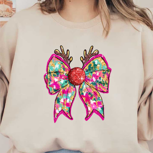 A vibrant, glittery bow featuring colorful patterns, a shiny red center, and festive antlers, perfect for holiday decorations.DTF Transfers heat press transfers