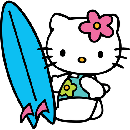 Hello Kitty is ready for fun in the sun, sporting a colorful swimsuit and holding a bright blue surfboard!DTF Transfers