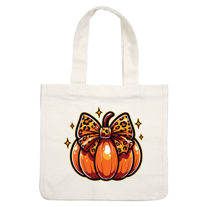 Esta calabaza de color naranja vibrante presenta un divertido lazo con estampado de leopardo que añade un toque elegante a un look festivo.