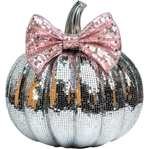 Calabaza con lentejuelas plateadas brillantes adornada con un elegante lazo rosa, perfecta para decoraciones festivas y para agregar glamour a cualquier ocasión.