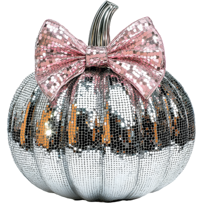 Calabaza con lentejuelas plateadas brillantes adornada con un elegante lazo rosa, perfecta para decoraciones festivas y para agregar glamour a cualquier ocasión.