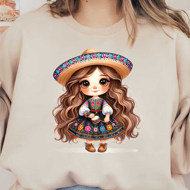 A playful cartoon girl in a colorful traditional dress and sombrero, holding a small drum, radiating cheerful vibes. heat press transfers