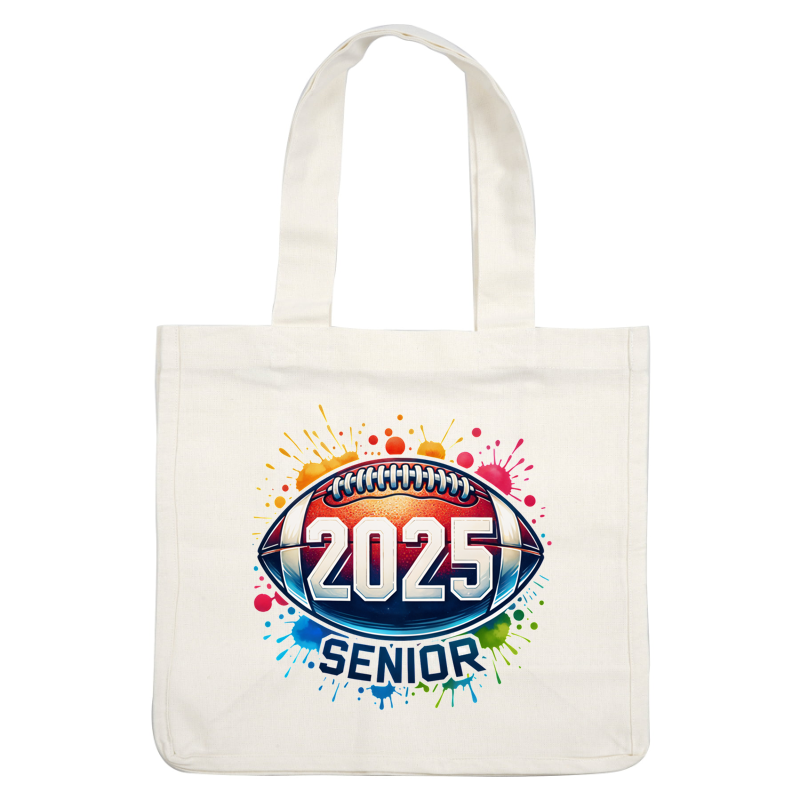 A vibrant football design featuring the year "2025" and "SENIOR," highlighted with colorful splashes for a festive touch.DTF Transfers dtf prints