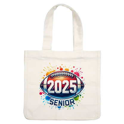 A vibrant football design featuring the year "2025" and "SENIOR," highlighted with colorful splashes for a festive touch.DTF Transfers dtf prints