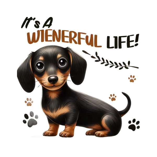 A cute illustration of a dachshund with the playful text "It's a Wienerful Life!" adds charm and warmth. dtf prints