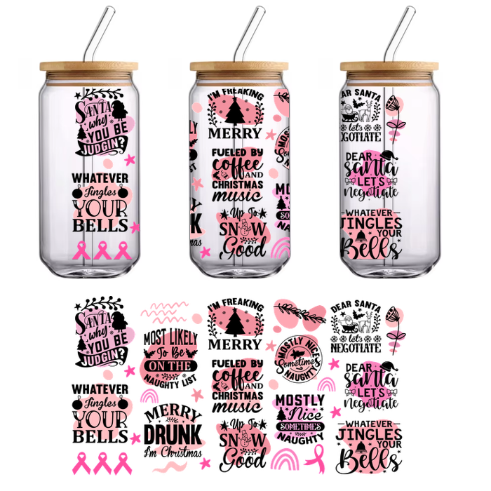 A playful collection of pink and black holiday-themed designs featuring fun phrases and festive motifs perfect for seasonal decor.UV Transfersdtf regular iron